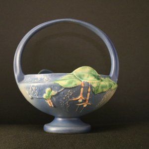 Roseville Pottery Basket Blue Fuchsia 350-8 with attached Frog